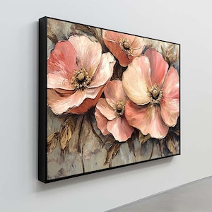 Blush and Peach Floral Wall Art – Romantic Vintage Inspired Floral Design with Gold Details Canvas Print – Ready to Hang Canvas Wall Decor