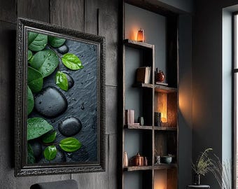 Zen Spa Stone and Leaf Wall Art – Meditation Nature Canvas – Tranquil Green Botanical Canvas Print – Relaxing Decor for Bathroom or Spa