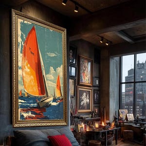 Vintage Segelboot Leinwanddruck | Rotes Segelboot Retro Nautische Wandkunst | Küsten Ozean Segel Leinwand Dekor | Bereit zum Aufhängen Sea Canvas Poster