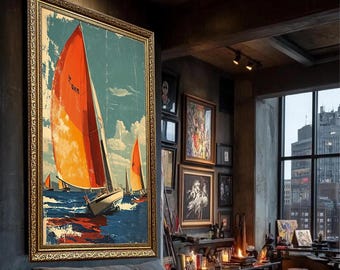 Vintage Sailboat Canvas Print | Red Sailboat Retro Nautical Wall Art | Coastal Ocean Sailing Canvas Decor | Ready to Hang Sea Canvas Poster
