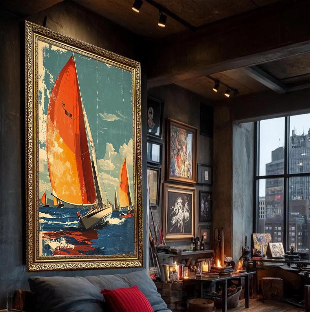 Vintage Sailboat Canvas Print | Red Sailboat Retro Nautical Wall Art | Coastal Ocean Sailing Canvas Decor | Ready to Hang Sea Canvas Poster