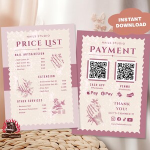 Roze lente nagelstudio prijslijstsjabloon, scan-to-pay-bord, QR-code Small Business, prijsmenu, directe download bewerkbaar, Canva-ontwerp