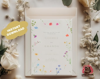 May include: A wedding invitation with a floral design. The invitation is for the wedding of George and Amanda on July 10, 2023, at 11:00 AM. The invitation is printed on white cardstock with a light pink envelope.