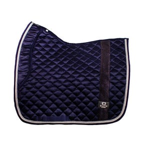 May include: A navy blue quilted saddle pad with a white piping and a black strap. The saddle pad has a diamond quilted pattern and the Elite Equine logo is visible in the lower right corner.