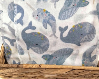 7X7 Cotton Flannel Napkins 2PLY, Reusable Wipes Ocean Print Whales