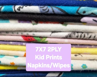 7X7 Variety Pack Cotton Flannel Wipes 2PLY: Reusable Cloth Napkins, Kids Prints