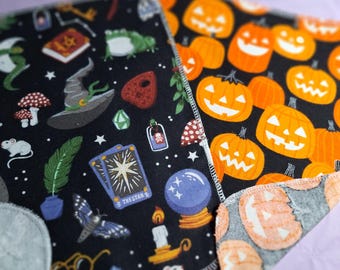 Halloween Reusable Paper Towels Set of 6 | Jack-o-Lantern & Witchy Flannel Unpaper Towels | Eco Friendly Kitchen Decor | Zero Waste Gift