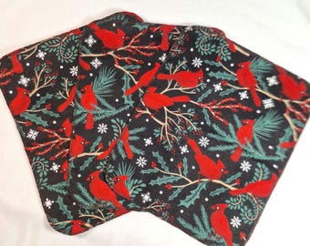 Reusable Cotton Flannel Kitchen Towels: Paperless Zero Waste Napkins, Red Cardinal pattern, 10"X12"