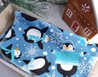 10X12 Winter Penguin Cotton Flannel Paperless Towels: Reusable Kitchen Napkins, Guest Towels