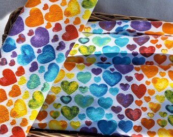 Rainbow Hearts Reusable Cotton Flannel Paper Towels: Zero Waste Napkins, 10"X12"