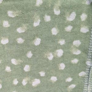 May include: A close-up of a green fabric with a white polka dot pattern. The fabric has a slightly textured surface.