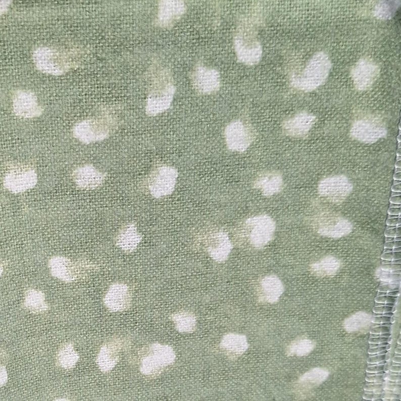 May include: A close-up of a green fabric with a white polka dot pattern. The fabric has a slightly textured surface.