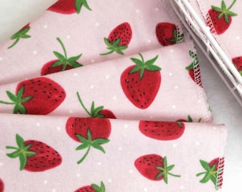 Strawberry Print Cotton Flannel Wipes: Reusable Cloth Napkins, Eco-Friendly Tissues