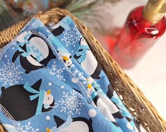 10X12 Winter Penguin Cotton Flannel Paperless Towels: Reusable Kitchen Napkins, Guest Towels