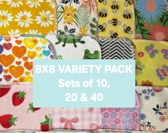 8X8 Variety Pack Cotton Flannel Cloth Napkins: Reusable Kitchen Cloths, Cloth Wipes