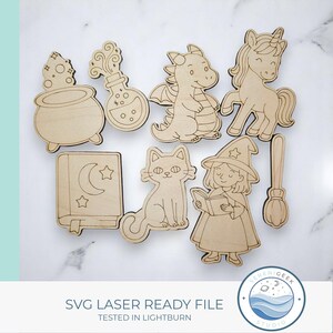May include: A collection of laser-cut wooden shapes featuring a cauldron, potion bottle, dragon, unicorn, book, cat, witch reading a book, and a broom. The text "SVG LASER READY FILE" and "TESTED IN LIGHTBURN" are also visible.