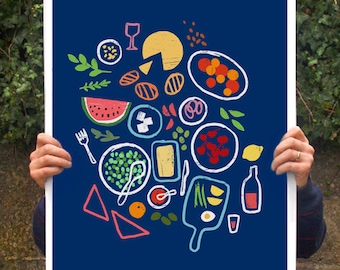 Picnic est un état d'esprit (bleu) Food Poster print 20"x27" - archive fine art giclée print