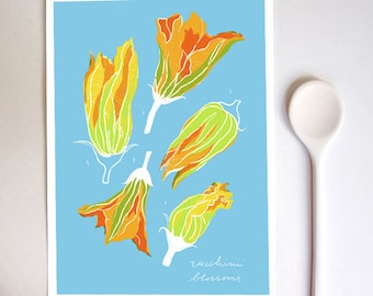 Zucchini blossoms blue - Kitchen art print - 11"x15" - archival fine art giclée print