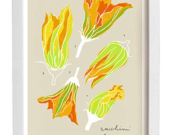 Zucchini blossoms beige - Kitchen art print - 11"x15" - archival fine art giclée print