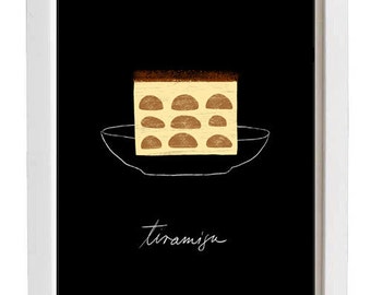 Black Dessert Illustration Tiramisu Kitchen Wall Art 11"x15" -  archival fine art giclée print