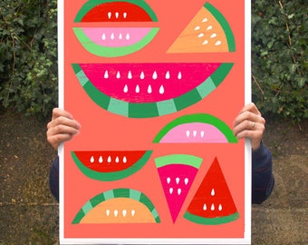 Zomerfruit Poster print Watermeloen Paradijs / Rood 20"x27" - archief fine art giclee print