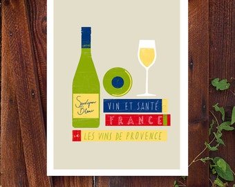 French Wine Art - Les vins de France print - Provence gourmet travel books art Illustration 11"x15 - archival fine art giclée print
