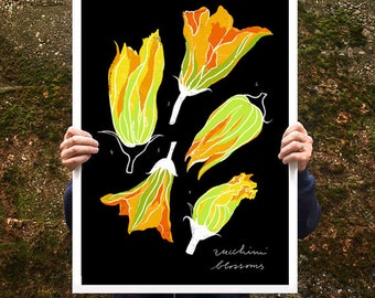 Zucchini Blossoms Kitchen Art 20"x27" Food illustration - archival fine art giclée print