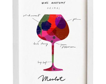 Red Wine Art - Wine Anatomy print - Merlot Chart Illustration - 11"x15 - archival fine art giclée print