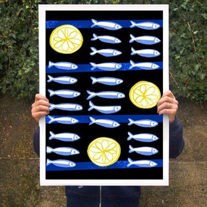 Art for kitchen Sardines & Lemon Black Poster print  20"x27" - archival fine art giclée print