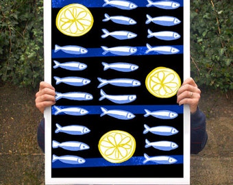 Art for kitchen Sardines & Lemon Black Poster print  20"x27" - archival fine art giclée print