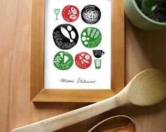 Kunst voor keuken MENU ITALIANO 8.3 "x 11,7" Italiaans eten, keuken Art Print - reproductie van originele illustratie