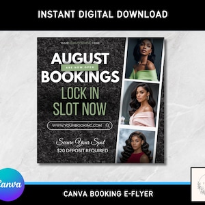 Könnte beinhalten: Digitales Canva-Buchungs-E-Flyer mit dunklem, strukturiertem Hintergrund. Der Flyer zeigt den Text "August Bookings, Lock in Slot Now" und enthält drei Bilder von Frauen. Der Flyer enthält auch den Text "Secure Your Spot" und "20 $ Anzahlung erforderlich".