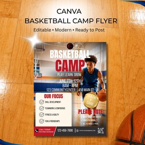 Op de afbeelding: Basketball Camp flyer met een jonge man die een basketbal dribbelt. De flyer heeft de tekst "Basketball Camp" in rood en wit, met details over de kampdata, tijden en locatie. De flyer vermeldt ook de focusgebieden van het kamp, waaronder vaardigheidsontwikkeling en teamwork.