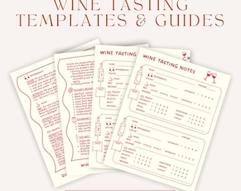 May include: Four printable wine tasting templates with a red and white color scheme. The templates include sections for appearance, aroma, palate, acidity, body, and finish. The text "Sommelier Created Wine Tasting Templates & Guides" is at the top of the image.
