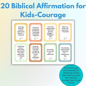 Peut inclure: Un ensemble de cartes colorées avec le texte "20 Affirmations Bibliques pour Enfants-Courage". Chaque carte présente un verset biblique sur le courage, avec des couleurs pastel et des étoiles. Les cartes sont conçues pour aider les enfants à surmonter la peur.