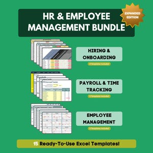 Puede incluir: Gráfico verde con el texto "HR & EMPLOYEE MANAGEMENT BUNDLE" y "EXPANDED EDITION". La imagen muestra 15 plantillas de Excel para contratación, incorporación, nómina, seguimiento del tiempo y gestión de empleados.