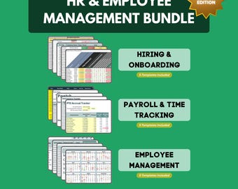 May include: A green graphic with the text "HR & EMPLOYEE MANAGEMENT BUNDLE" and "EXPANDED EDITION". The image displays 15 Excel templates for hiring, onboarding, payroll, time tracking, and employee management.