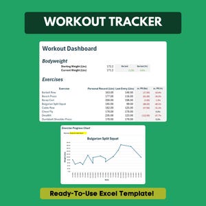 May include: A green and white workout tracker template with the text "WORKOUT TRACKER" at the top. The template includes sections for bodyweight, exercises, and an exercise progress chart. The text "Ready-To-Use Excel Template!" is at the bottom.