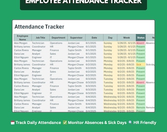 Employee Attendance Tracker Excel | HR Attendance Log | Staff Leave & Absence Tracker | Editable Excel Spreadsheet Template