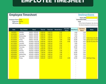 May include: A green and white employee timesheet template in Excel format. The document includes fields for employee name, dates, time in/out, break hours, and overtime. The text "Ready-To-Use Excel Template!" is at the bottom.