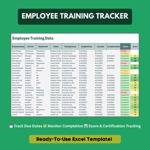 May include: An employee training tracker template in a spreadsheet format. The green header reads "Employee Training Tracker." The data includes employee names, job titles, training courses, and completion statuses. The bottom banner says "Ready-To-Use Excel Template!"