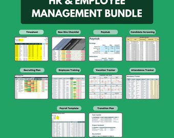 May include: A green graphic with the text "HR & EMPLOYEE MANAGEMENT BUNDLE" at the top. Below are 10 Excel templates, including Timesheet, Paystub, and Vacation Tracker. The bottom reads "10 Ready-To-Use Excel Templates!"