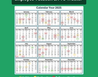 May include: A ready-to-use Excel template for 2025, featuring a calendar with months and dates. Includes color-coded sections for holidays, personal vacation, and colleague vacations. The text "Employee Vacation & PTO Tracker" is at the top.