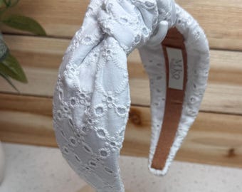 Handmade White Eyelet Knotted Headband, Cottagecore Hair Accessory