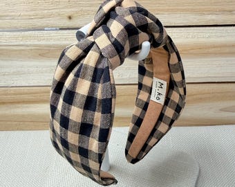 Diadema anudada a cuadros hecha a mano, banda para el cabello a cuadros negros y beige
