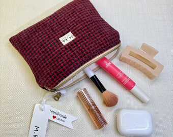 Bolsa de cosméticos de pata de gallo, hecha a mano, con cremallera, organizador de maquillaje de tela decorativo