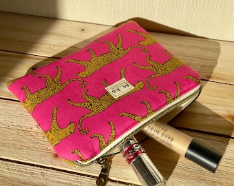 Handmade Cotton Makeup Pouch, Pink Leopard Print Zipper Bag