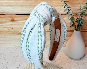 Handmade Knotted Headband, Green Leaf Pattern