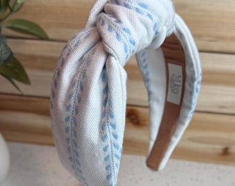 Handmade Knotted Headband, Blue Leaf Pattern