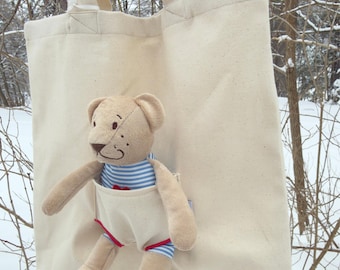 Bolsa de lona de algodón hecha a mano con bolsillo de osito de peluche, regalo para niños